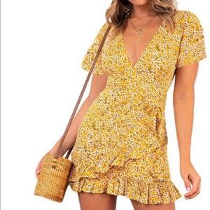 Floral Yellow Wrap Dress